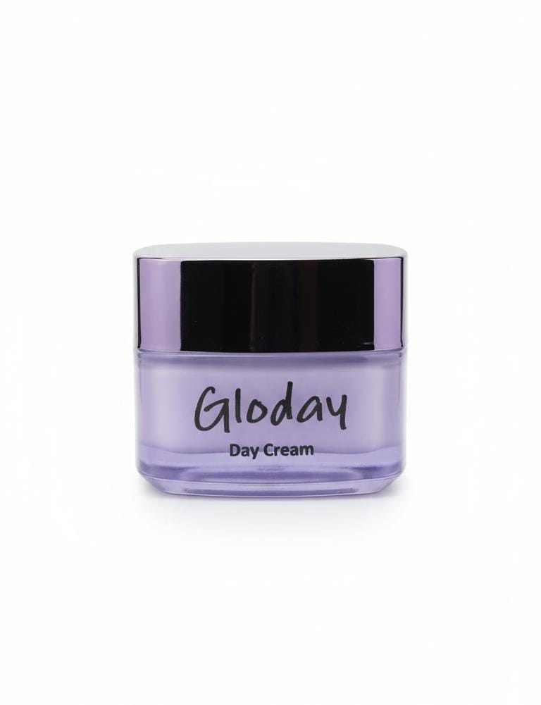 Purple jar of Gloday Day Cream on a white background