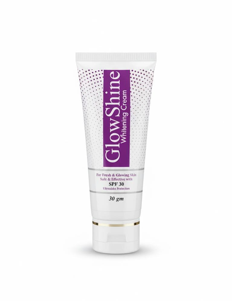Tube of Glow Shine Whitening Cream on a white background