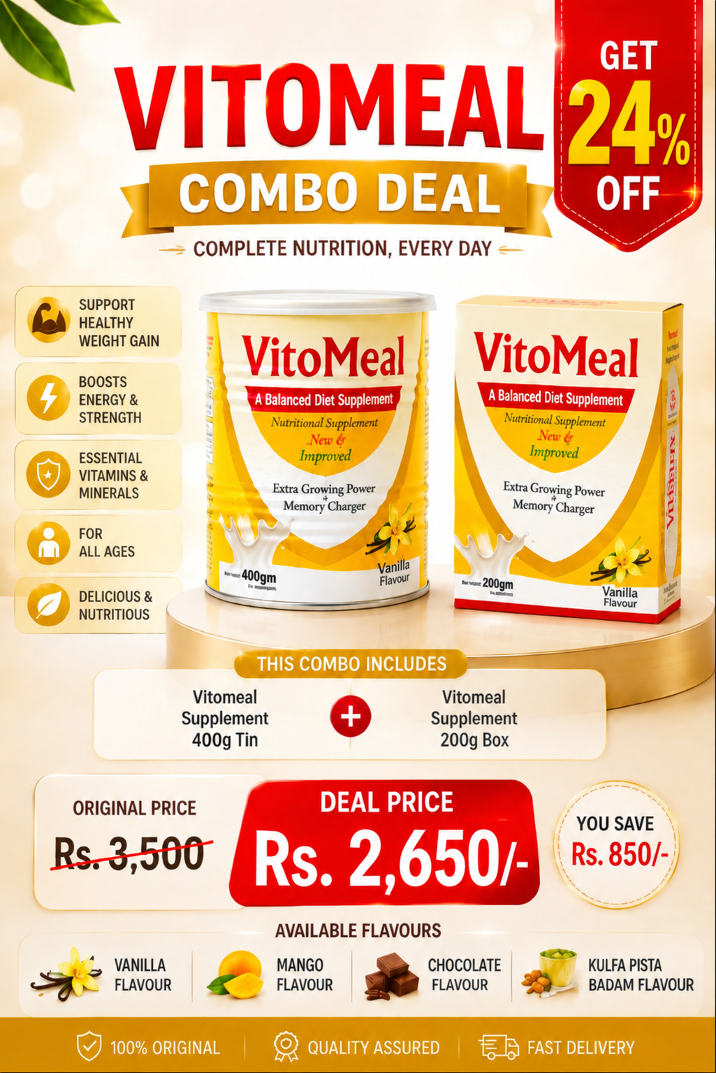 VitoMeal Vanilla Combo Pack – 400g Tin + 200g Box | 35% Off